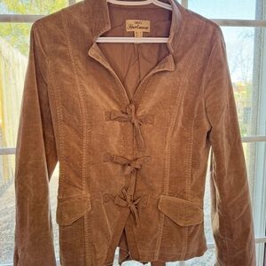 Vintage Women's Tan Velvet Jacket with Bow Details and Ruffle Back.